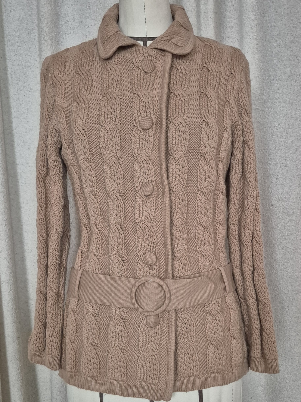 70s Vintage 100% Wool Womens Cable Knit Belted Cardigan Sweater - Taupe